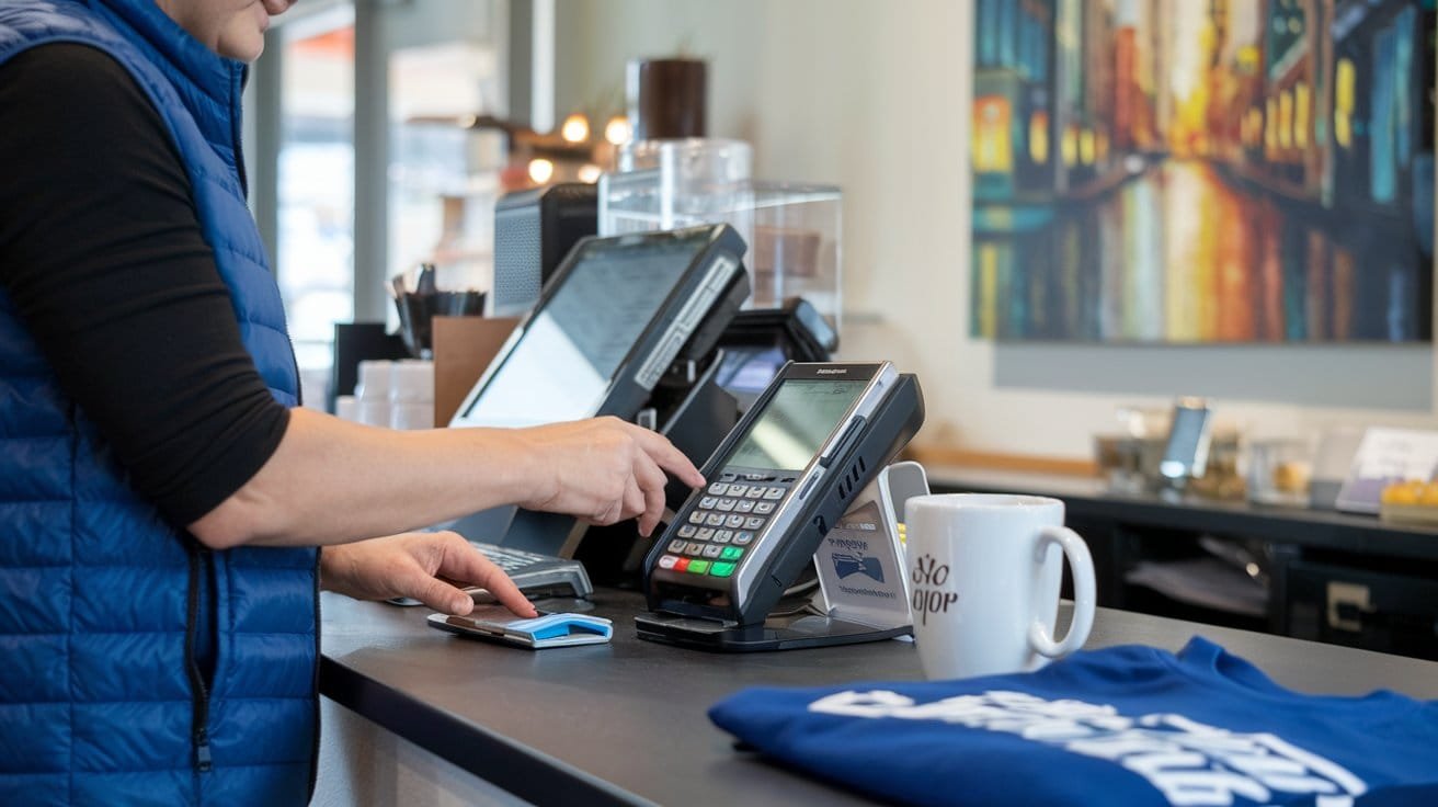 Business owner processing card payments at a POS terminal.