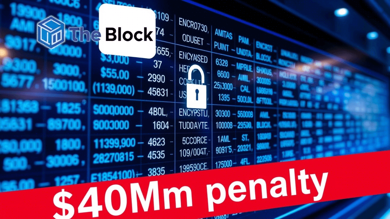 Block logo and digital security symbols illustrating AML compliance, $40M penalty highlighted