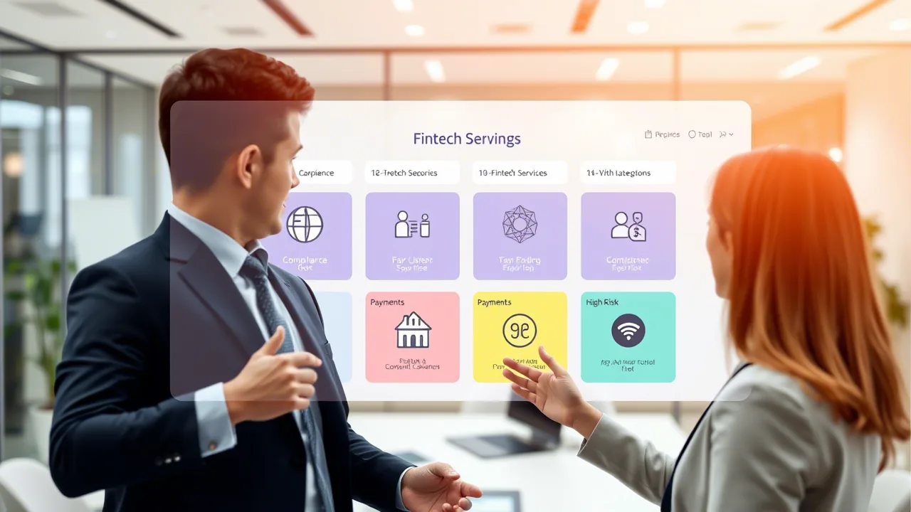 Business team using FinQfy platform to browse high-risk fintech solutions and compliance tools