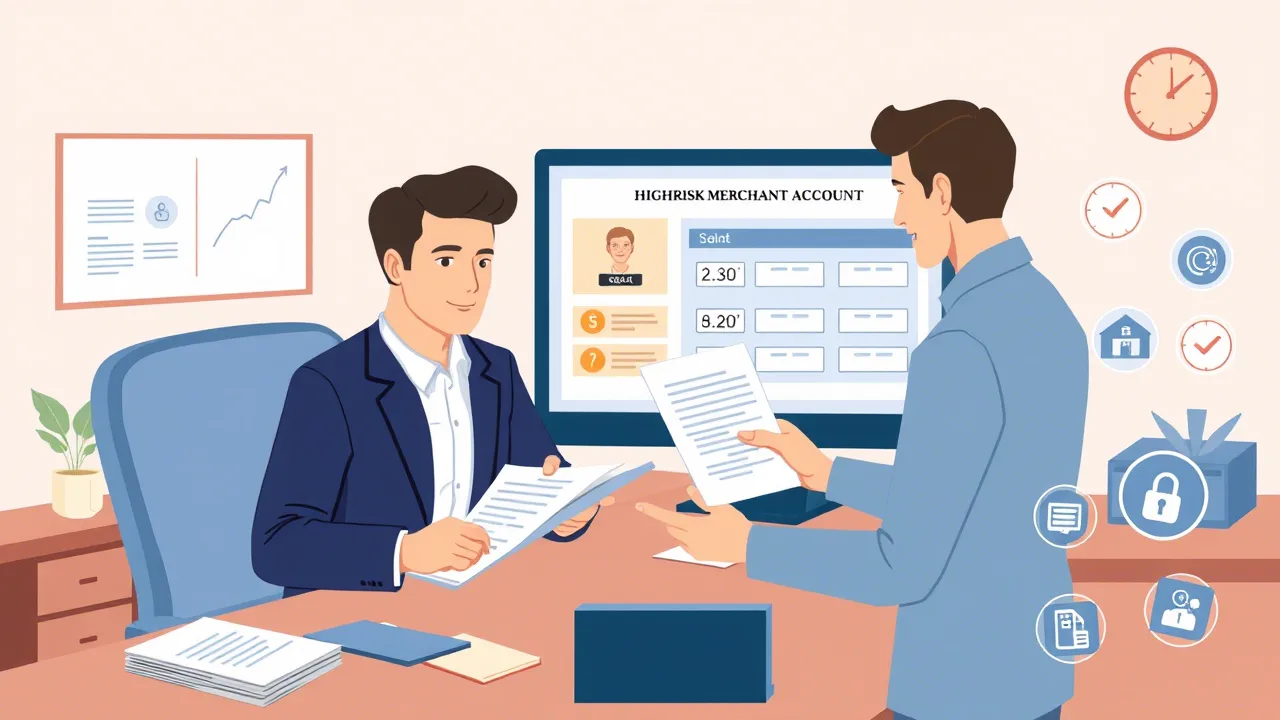 Diagram showing steps for setting up a high-risk merchant account and payment gateway, including compliance, fraud protection, and chargeback management