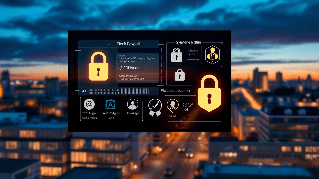 Secure digital transaction with fraud prevention technology, Nordic city background.