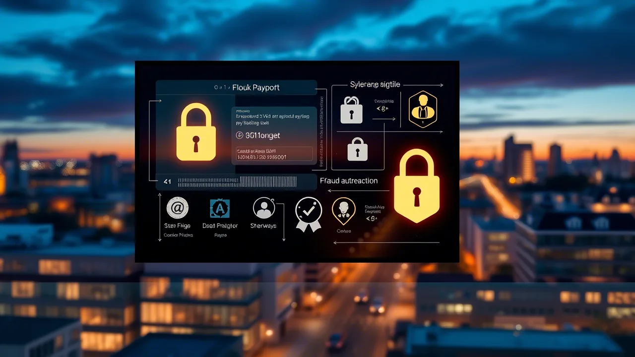 Secure digital transaction with fraud prevention technology, Nordic city background.