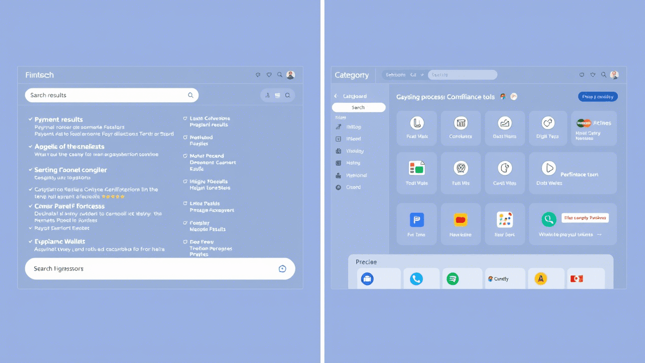 Comparison of traditional search results with FinQfy’s organized fintech directory interface