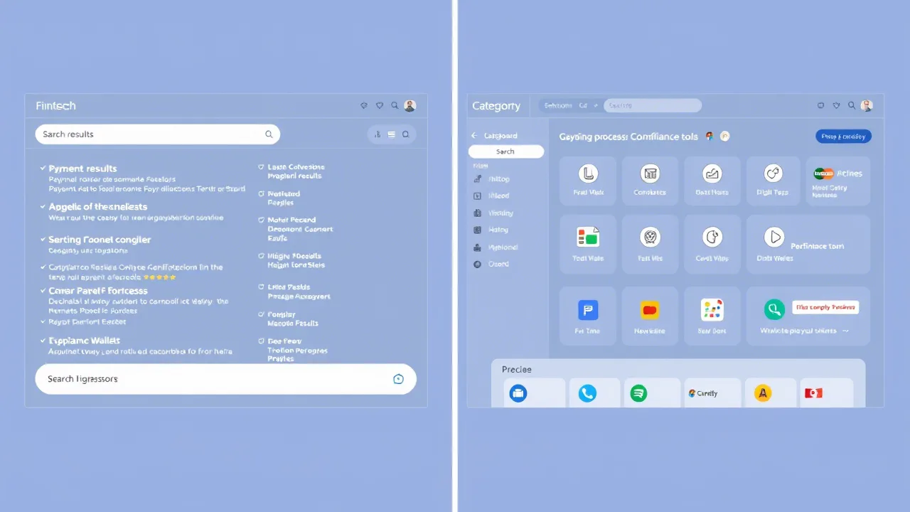 Comparison of traditional search results with FinQfy’s organized fintech directory interface