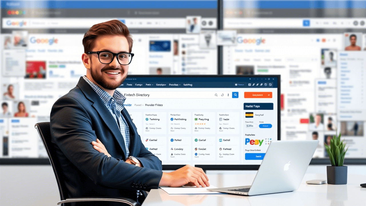 Business owner exploring a payment directory on a digital dashboard with payment provider options