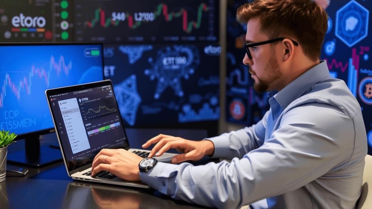 Retail investor using eToro’s stock lending program, digital assets and market charts visible
