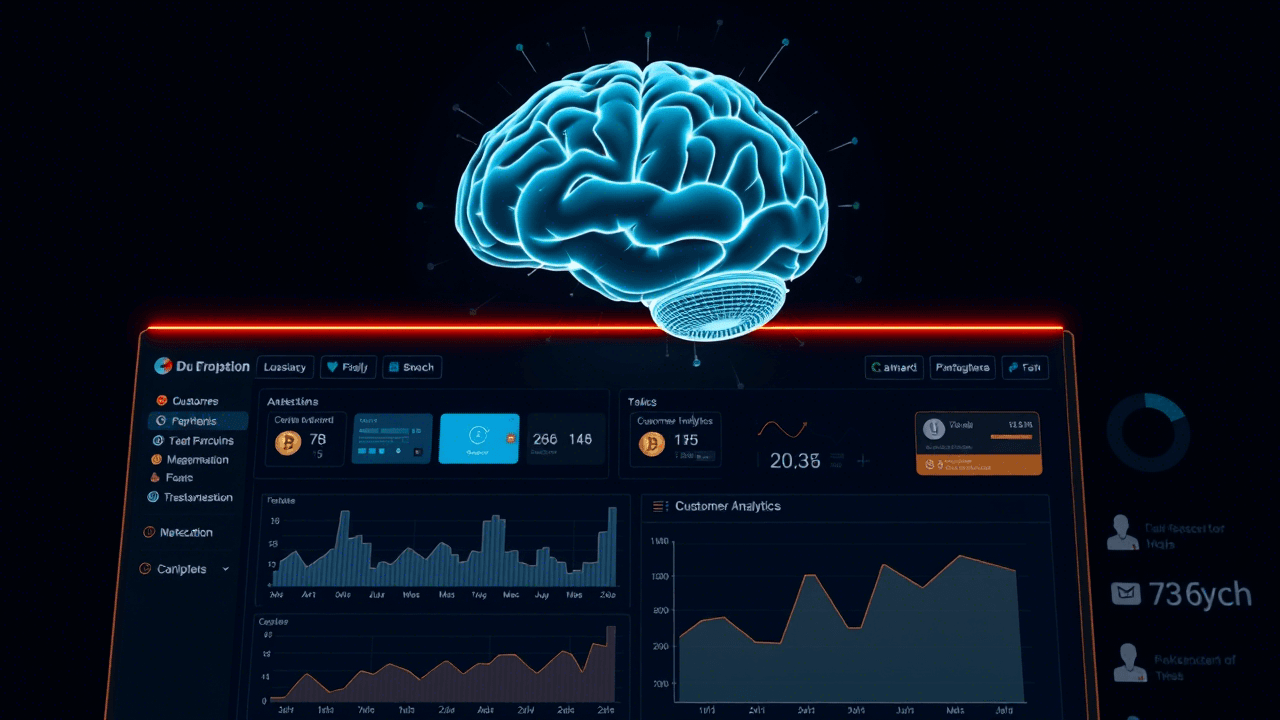 Artificial intelligence brain on a fintech dashboard showing data analytics and automation features