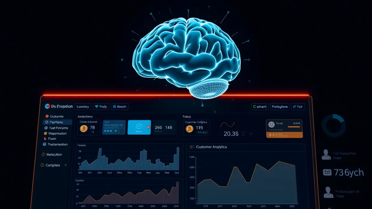 Artificial intelligence brain on a fintech dashboard showing data analytics and automation features