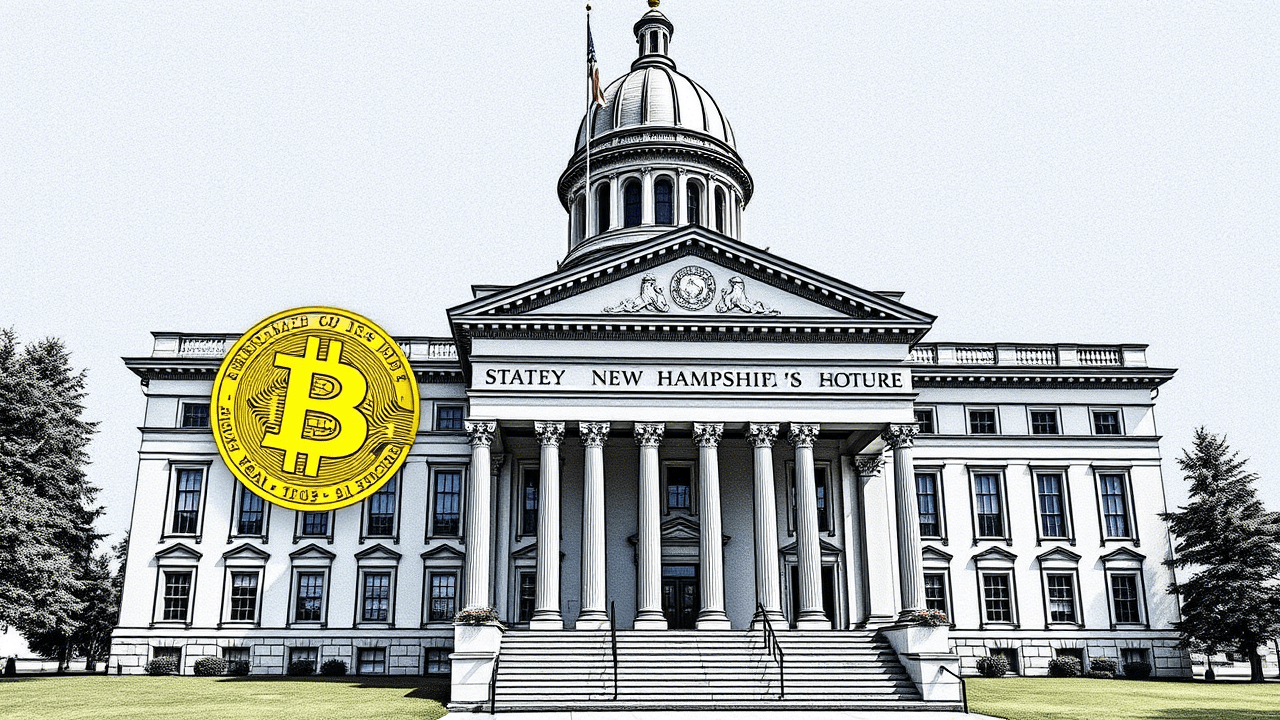 New Hampshire State House featuring a Bitcoin emblem, symbolizing the state's cryptocurrency investment.