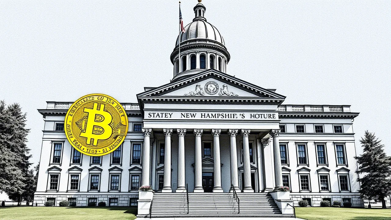 New Hampshire State House featuring a Bitcoin emblem, symbolizing the state's cryptocurrency investment.