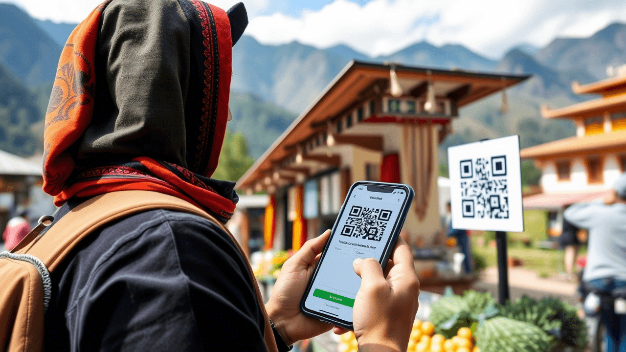 Traveler using a smartphone to make a crypto payment via QR code in Bhutan