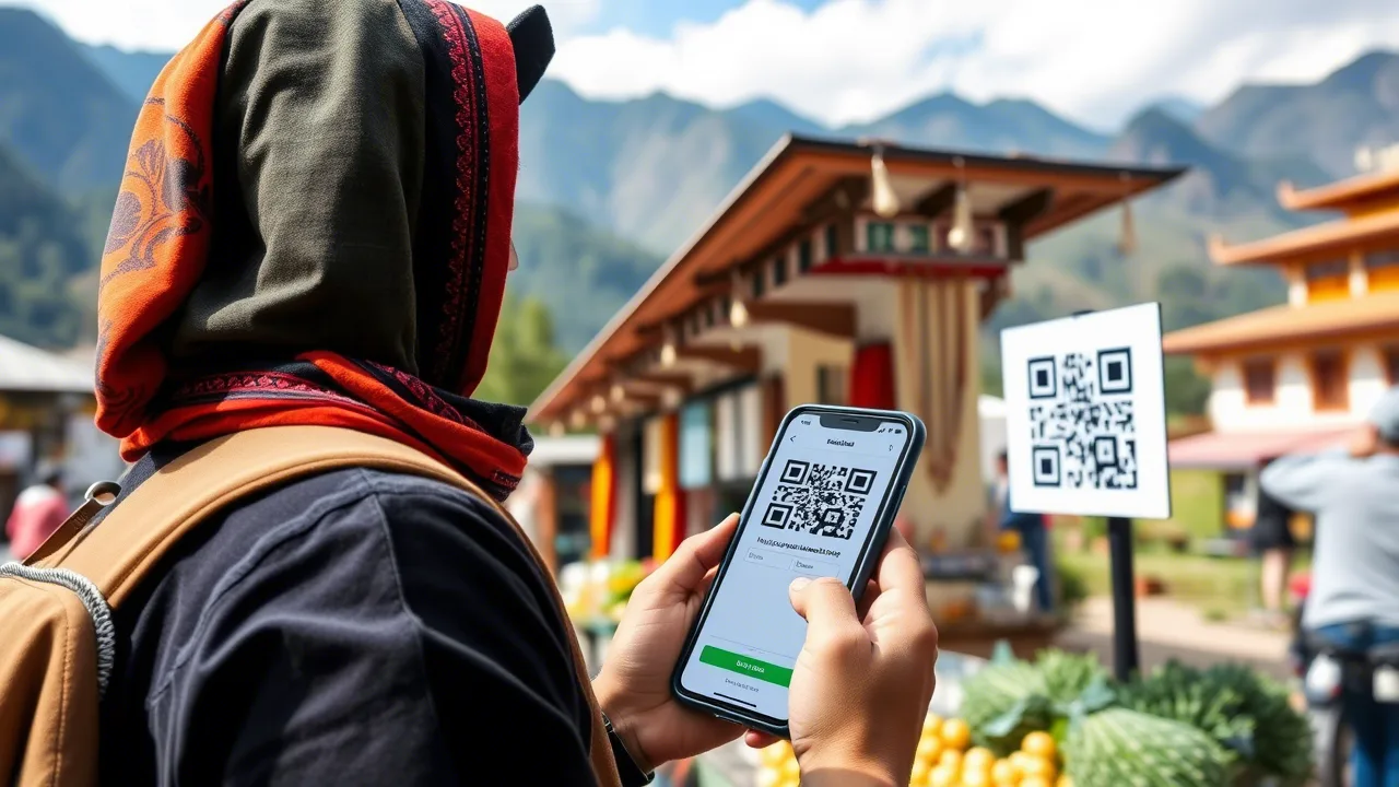 Traveler using a smartphone to make a crypto payment via QR code in Bhutan
