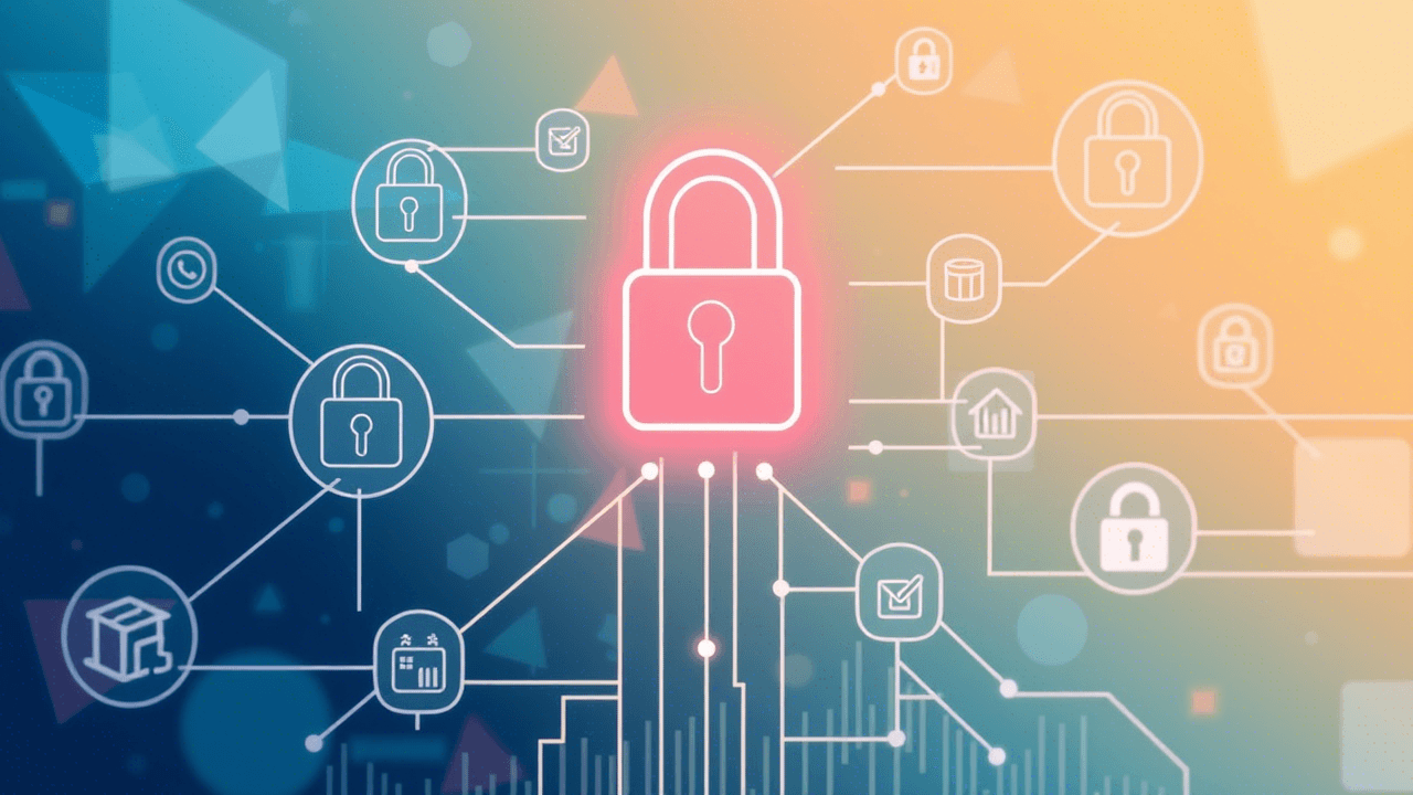 Illustration of digital business identity verification with interconnected corporate symbols.