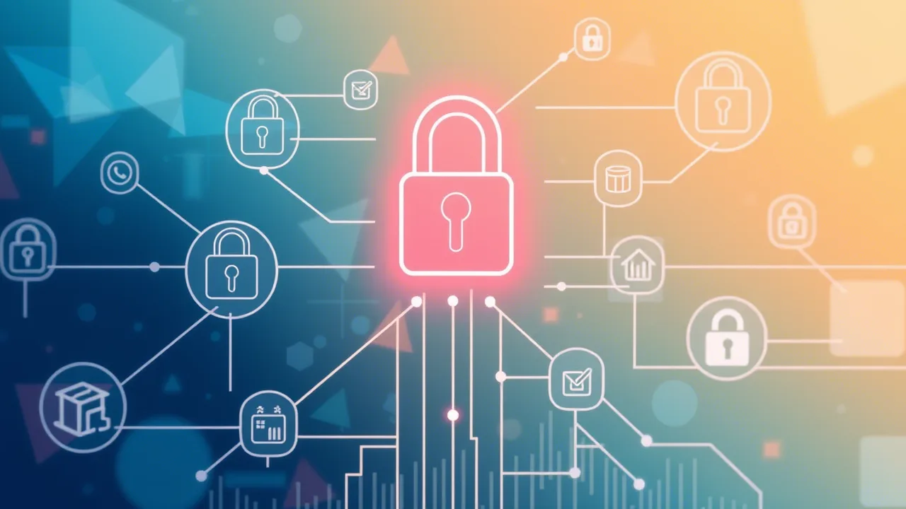 Illustration of digital business identity verification with interconnected corporate symbols.