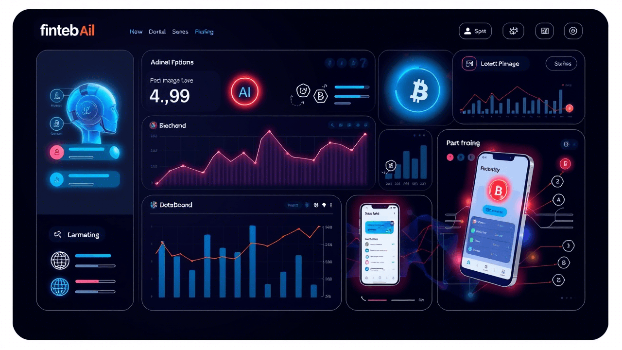 Digital dashboard showing AI and blockchain icons representing fintech trends of 2024 and beyond