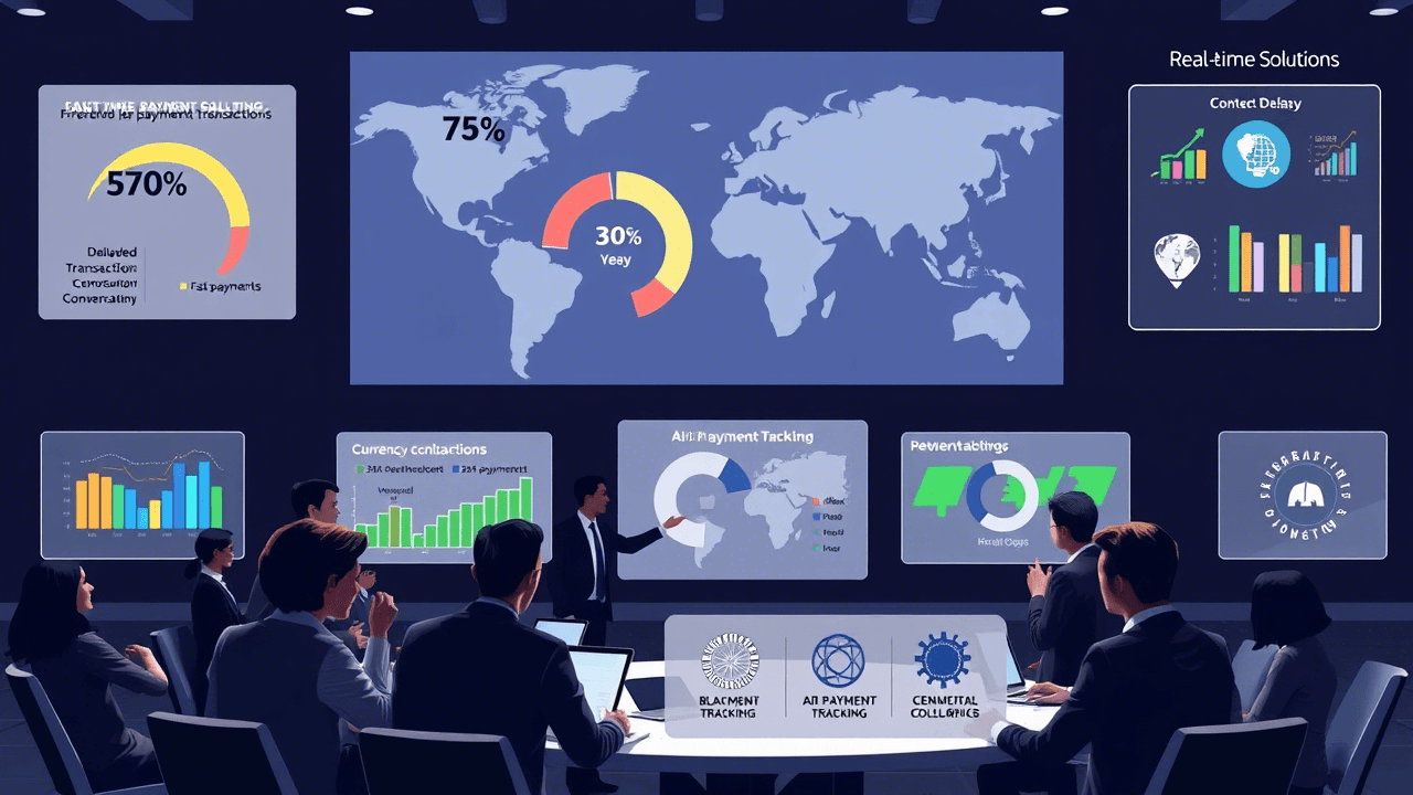 Infographic on payment delays in global business and solutions for quicker transactions in 2025.