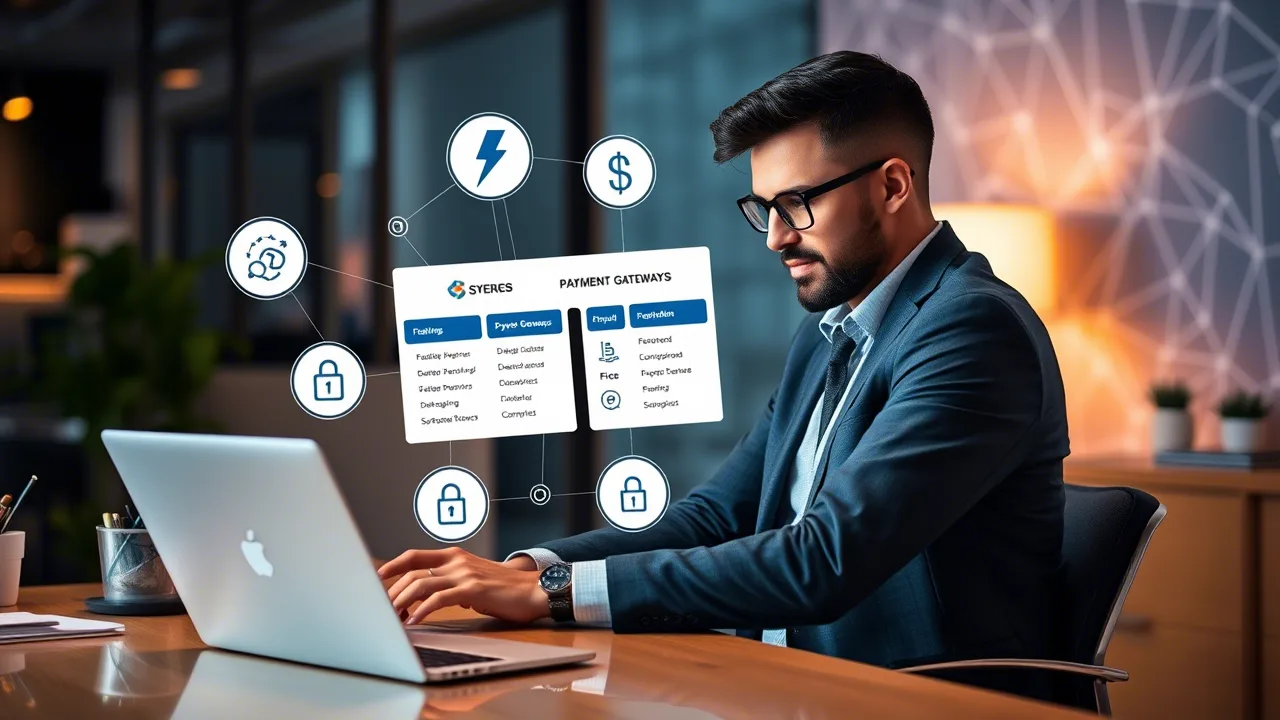 Business choosing between payment gateway options with comparison checklist and security icons