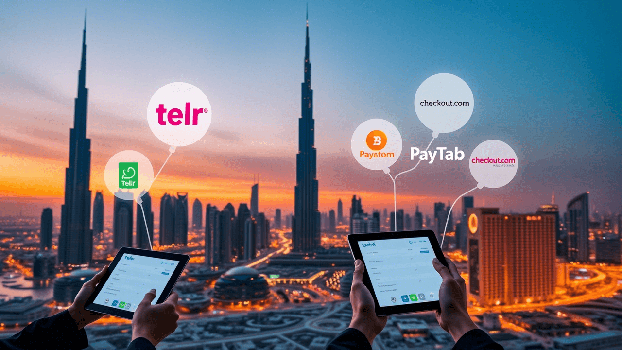 Dubai skyline with fintech logos of top payment gateways in 2025