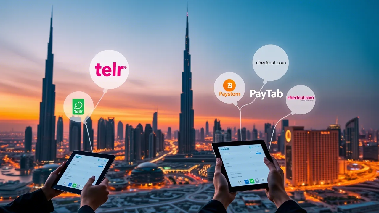 Dubai skyline with fintech logos of top payment gateways in 2025