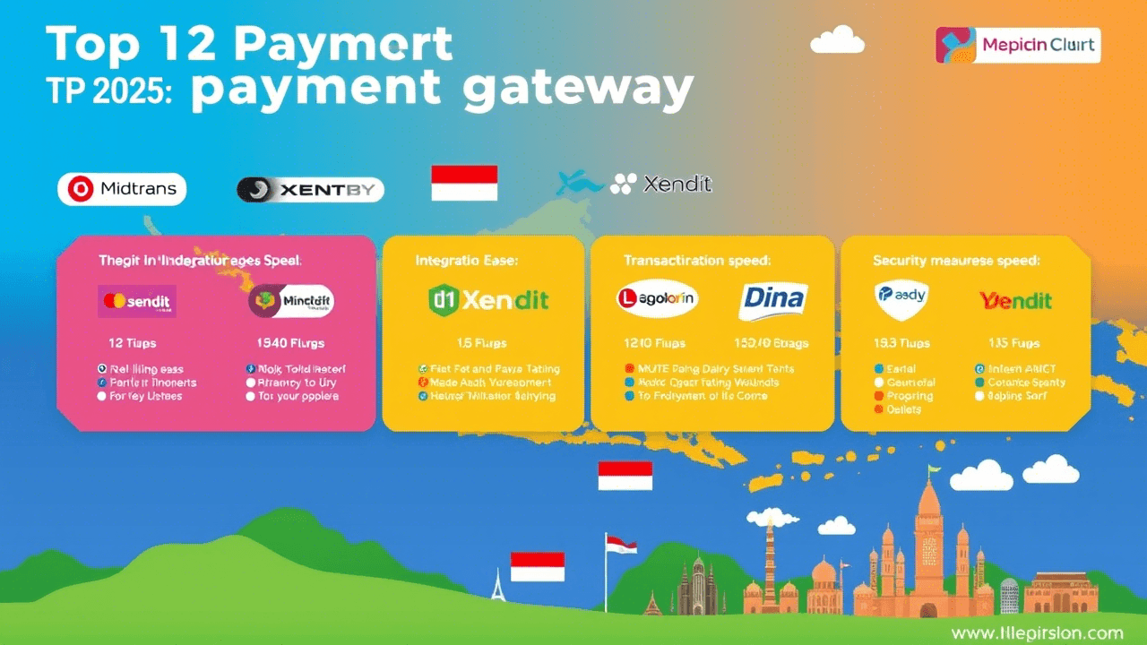 An illustration of the top 12 payment gateway logos in Indonesia for 2025, featuring popular providers in the region.