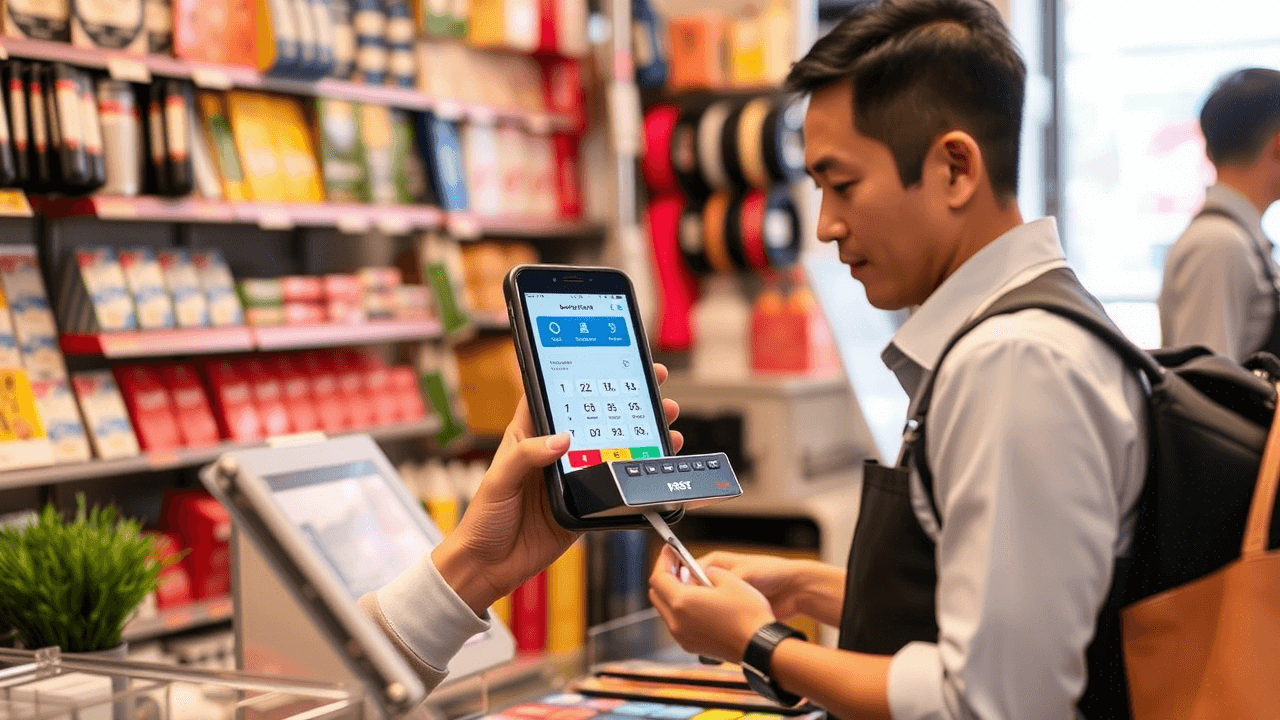Retailer in Asia processes a credit card transaction using a modern POS device.
