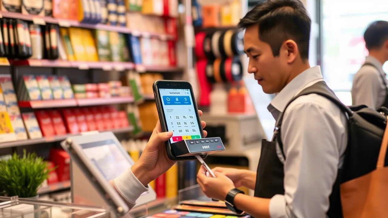 Retailer in Asia processes a credit card transaction using a modern POS device.