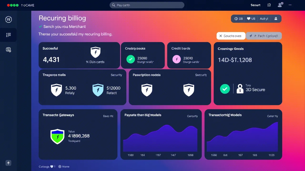 A digital dashboard showing subscription rebills processed through 2D payment gateways, with icons representing credit cards, security shields, and recurring billing cycles.