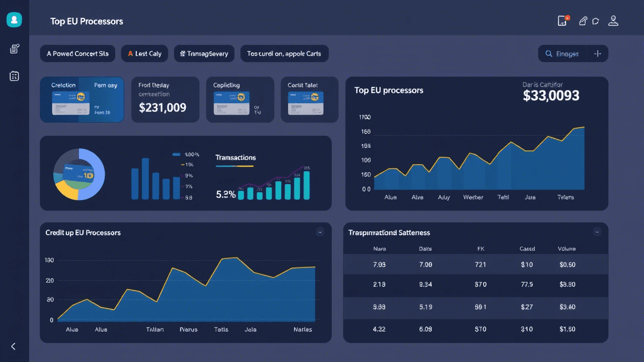 Dashboard view of credit card processing performance metrics from top EU firms.